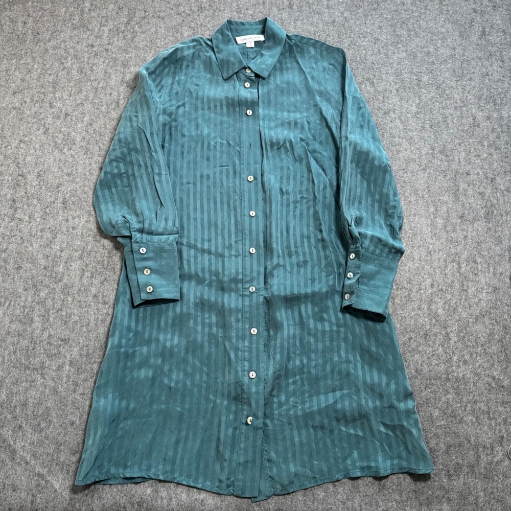 Amour Vert Teal Green Striped Cupro Button Down Shirt Dress Small